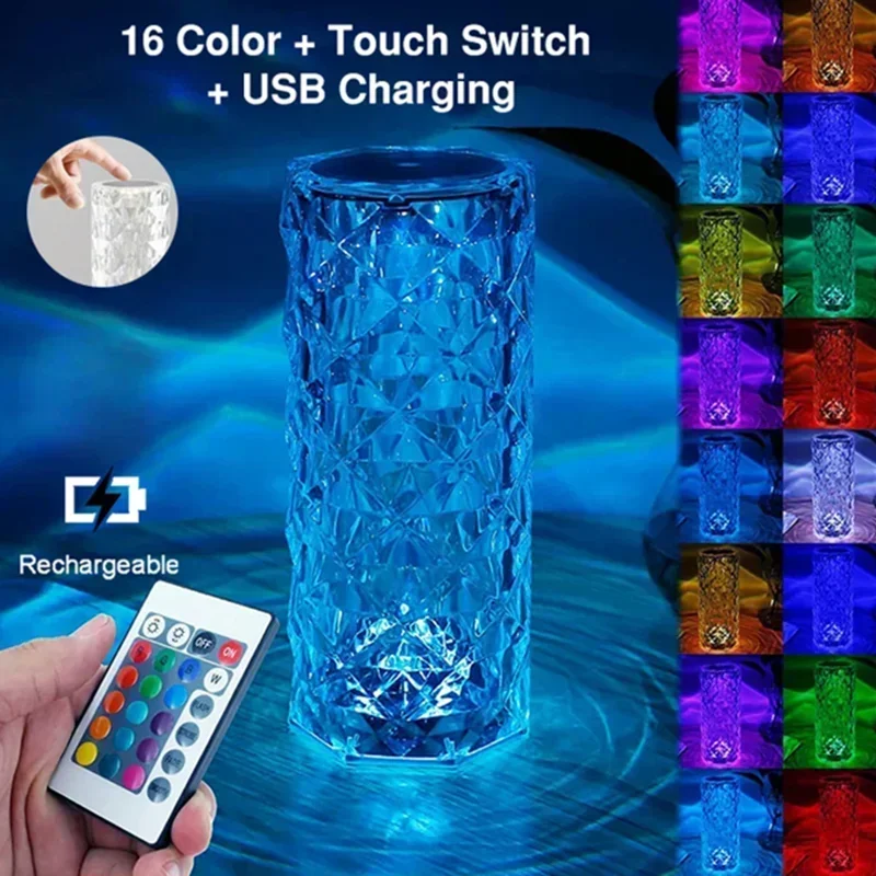 1pc Charging Crystal Table Lamp RGB Rose Diamond Touch Lamp Creative Light for Bedroom/Living Room/Party Dinner Home Decoration - Image 3