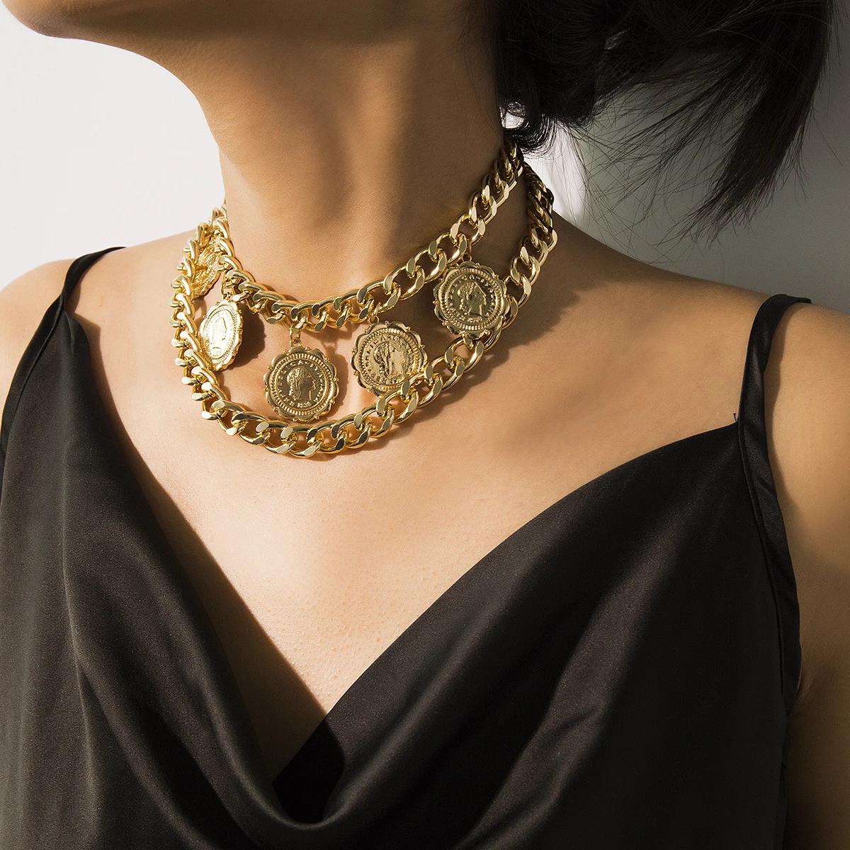 Layered Chain with Big Coin Pendant Necklace for Women Punk Chunky Chains Choker Collar 2022 Fashion Jewelry on Neck Accessories - Image 2