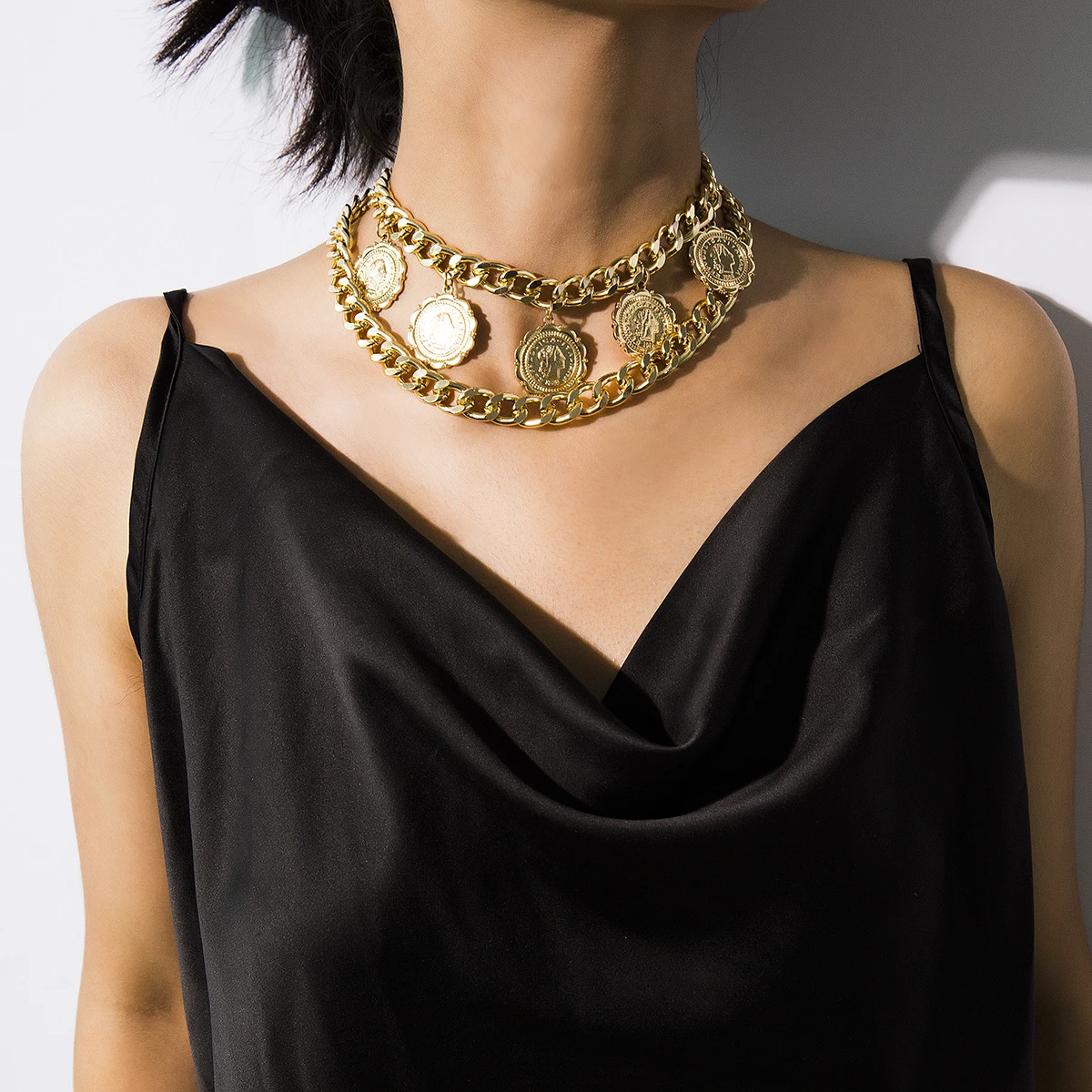 Layered Chain with Big Coin Pendant Necklace for Women Punk Chunky Chains Choker Collar 2022 Fashion Jewelry on Neck Accessories - Image 7